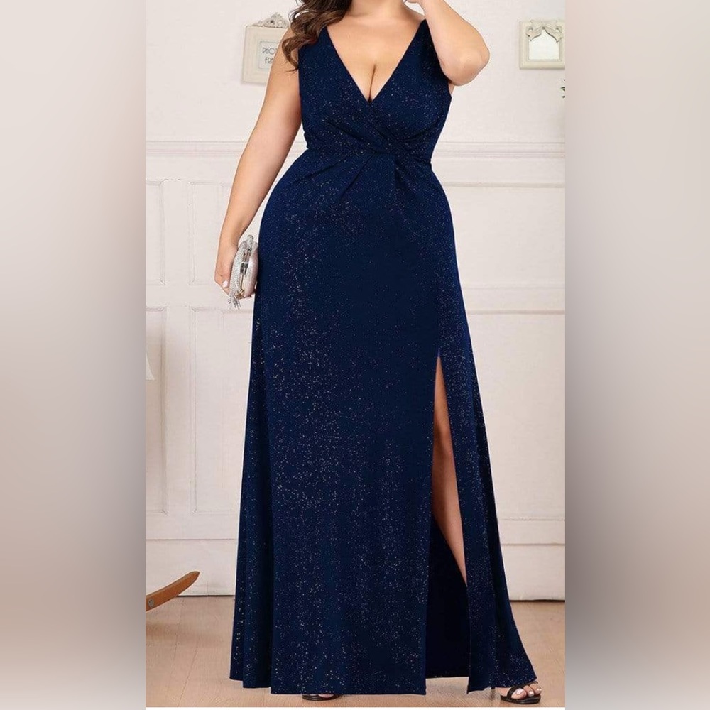 Ever Pretty Plus Size Formal Dress Women’s Size 26 Navy Blue V Neck Split